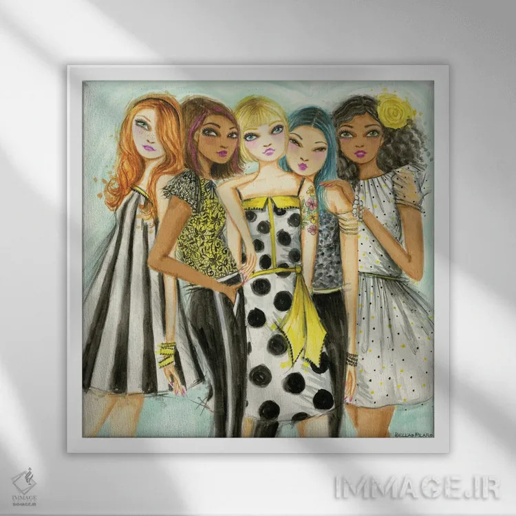 تابلو در حال خوشگذرانی با دوستان دختر اثر بلا پیلار - نمای قابدار سفید