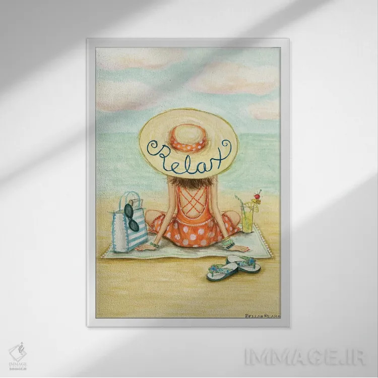 تابلو آرام باش، امروز روز ساحل است اثر بلا پیلار - نمای قابدار سفید