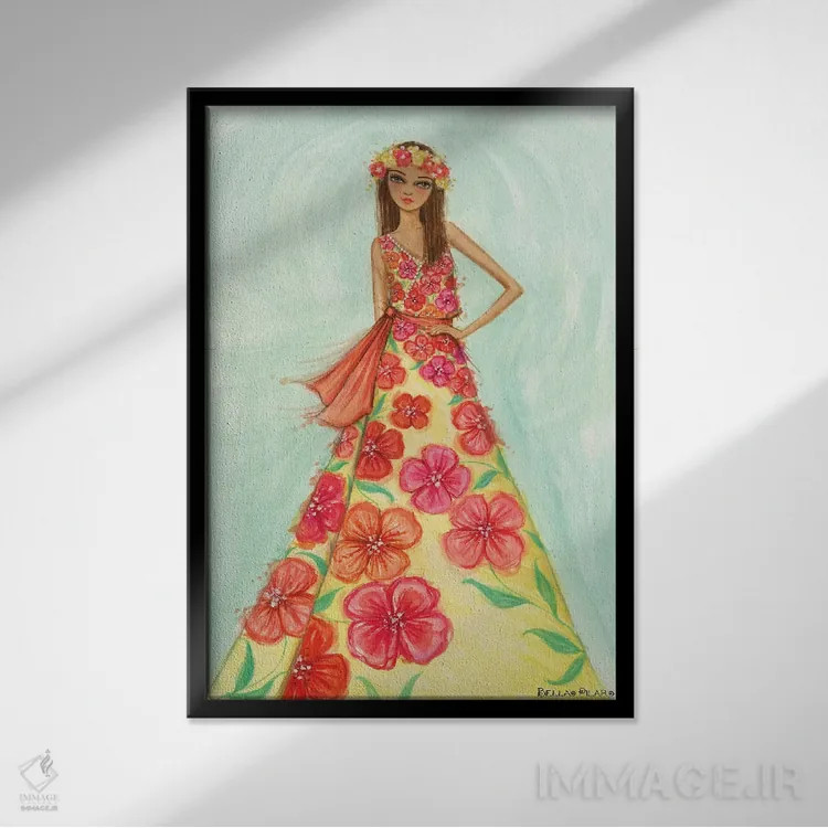 تابلو پیراهن گلدار تابستانی ملینا شیرین اثر بلا پیلار - نمای قابدار مشکی