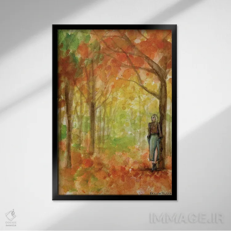 تابلو پیادهروی در جنگل پاییزی اثر بلا پیلار - نمای قابدار مشکی