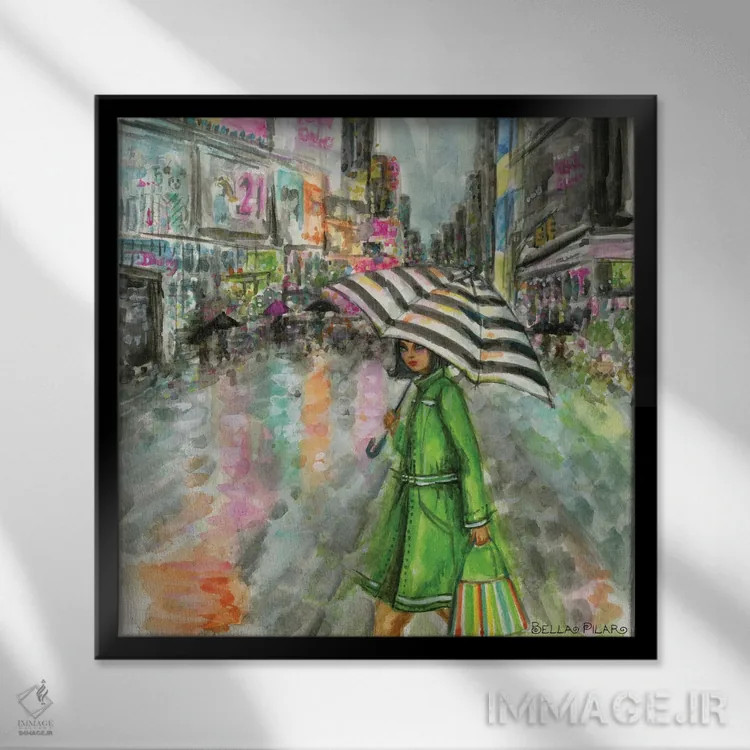 تابلو آریِل در میدان تایمز در یک روز بارانی اثر بلا پیلار - نمای قابدار مشکی