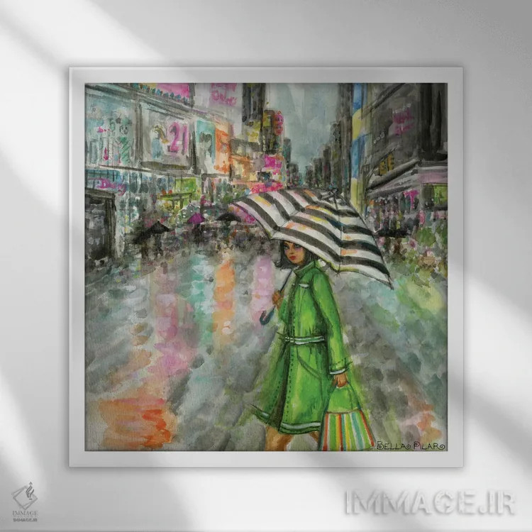 تابلو آریِل در میدان تایمز در یک روز بارانی اثر بلا پیلار - نمای قابدار سفید