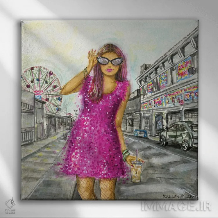 تابلو قدمزنی در جزیره کُنی (نیویورک) اثر بلا پیلار - نمای روبهرو روی دیوار