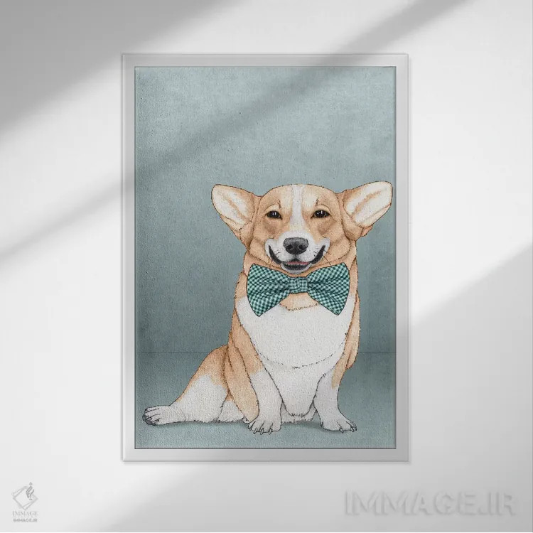 تابلو سگ کورگی اثر باروف - نمای قابدار سفید