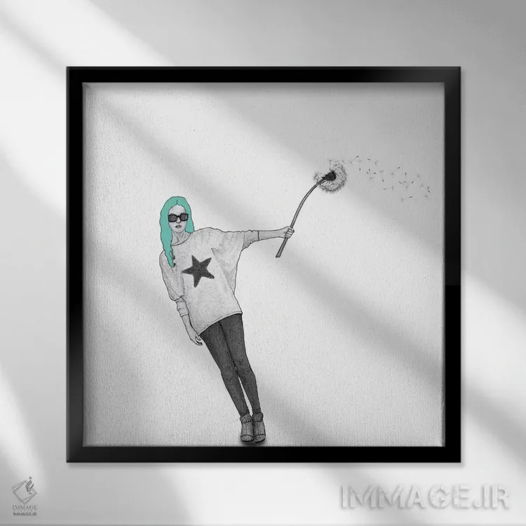 تابلو دختر با گل قاصدک اثر باروف - نمای قابدار مشکی