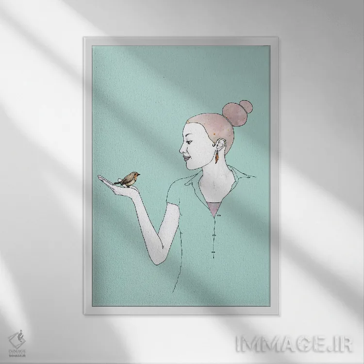 تابلو دختر با پرنده روبین اثر باروف - نمای قابدار سفید