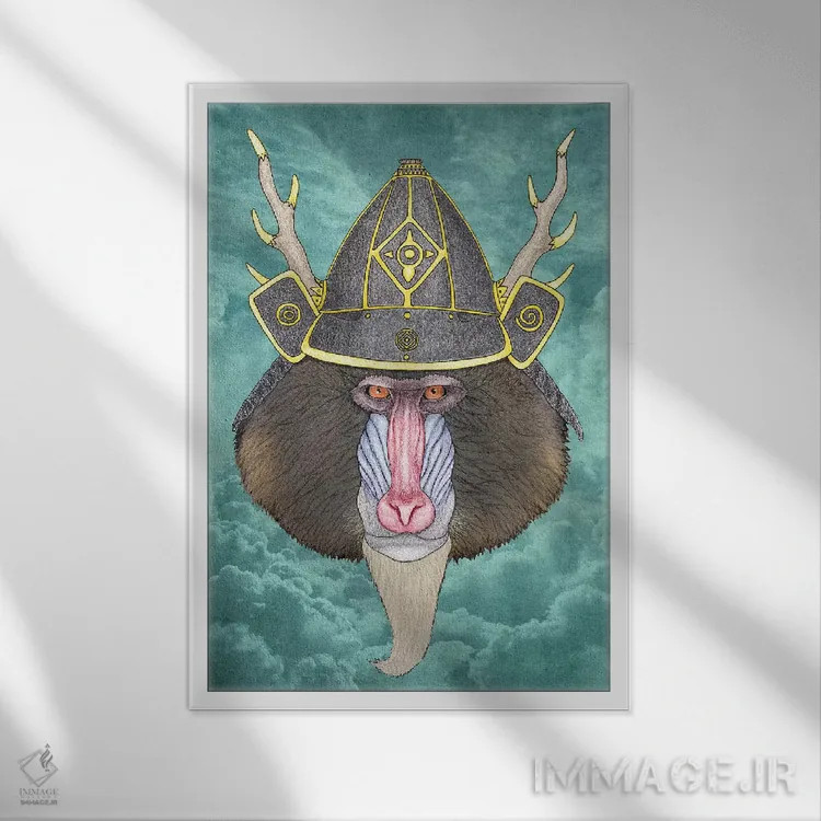 تابلو ماندریل سامورایی (میمون جنگجو) اثر باروف - نمای قابدار سفید