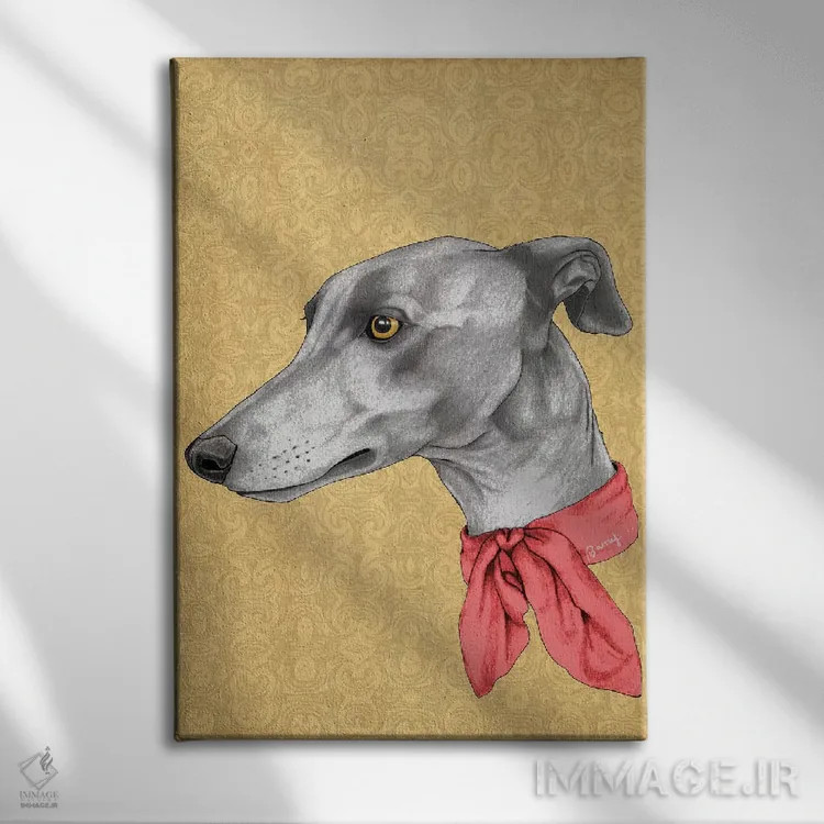 تابلو تازی با شال گردن اثر باروف - نمای روبهرو روی دیوار