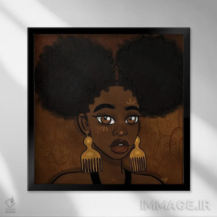 تابلو پافهای آفرو (مدل مو) اثر بری پیپنز - نمای قابدار مشکی