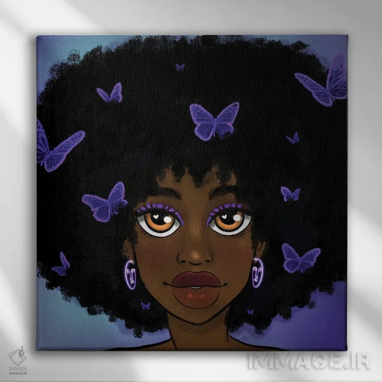 تابلو دختر پروانهای بنفش اثر بری پیپنز - نمای روبهرو روی دیوار