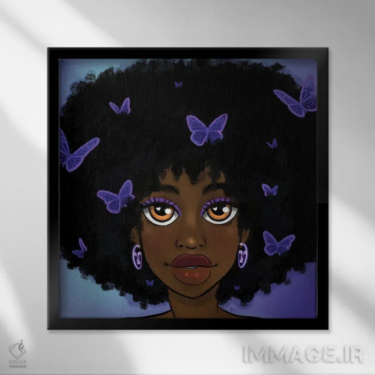 تابلو دختر پروانهای بنفش اثر بری پیپنز - نمای قابدار مشکی