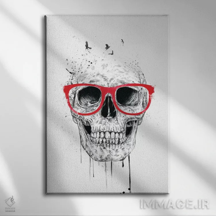 تابلو جمجمه با عینک قرمز اثر بالازس شولتی - نمای روبهرو روی دیوار
