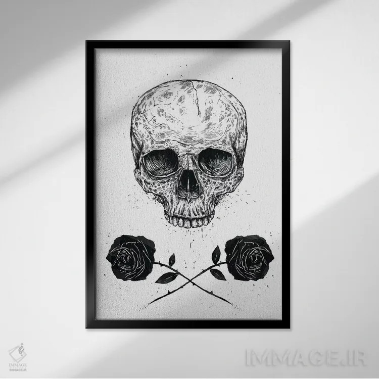 تابلو جمجمه و گل رز اثر بالازس شولتی - نمای قابدار مشکی