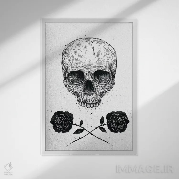تابلو جمجمه و گل رز اثر بالازس شولتی - نمای قابدار سفید
