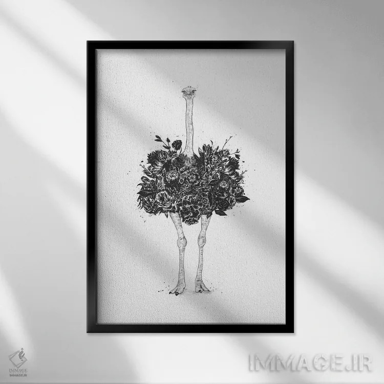 تابلو شترمرغ گلدار اثر بالازس شولتی - نمای قابدار مشکی