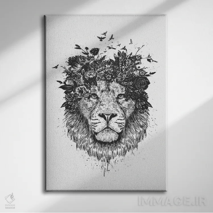 تابلو شیر گلدار (سیاه و سفید) اثر بالازس شولتی - نمای روبهرو روی دیوار