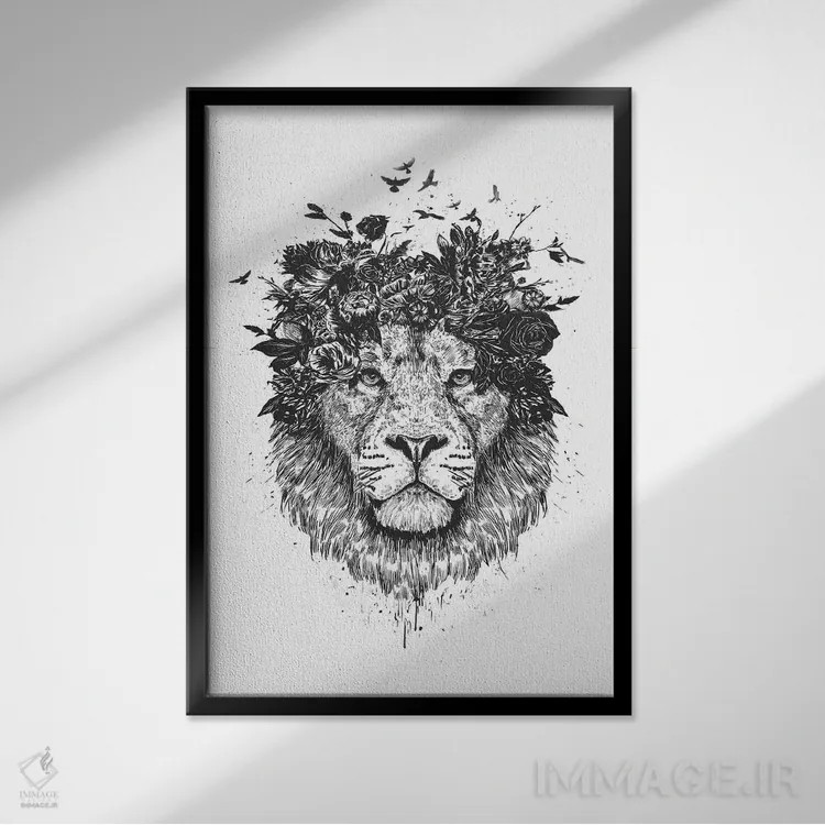 تابلو شیر گلدار (سیاه و سفید) اثر بالازس شولتی - نمای قابدار مشکی
