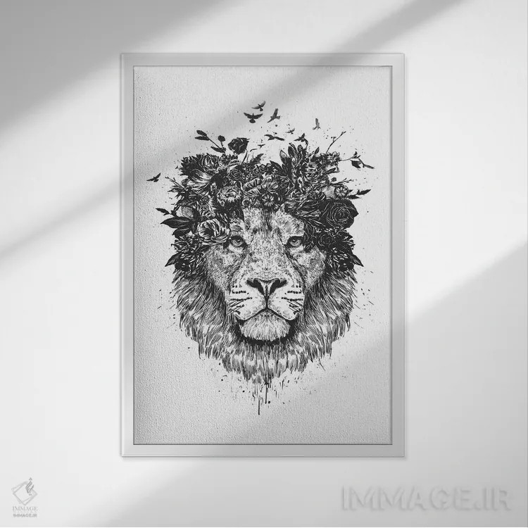 تابلو شیر گلدار (سیاه و سفید) اثر بالازس شولتی - نمای قابدار سفید