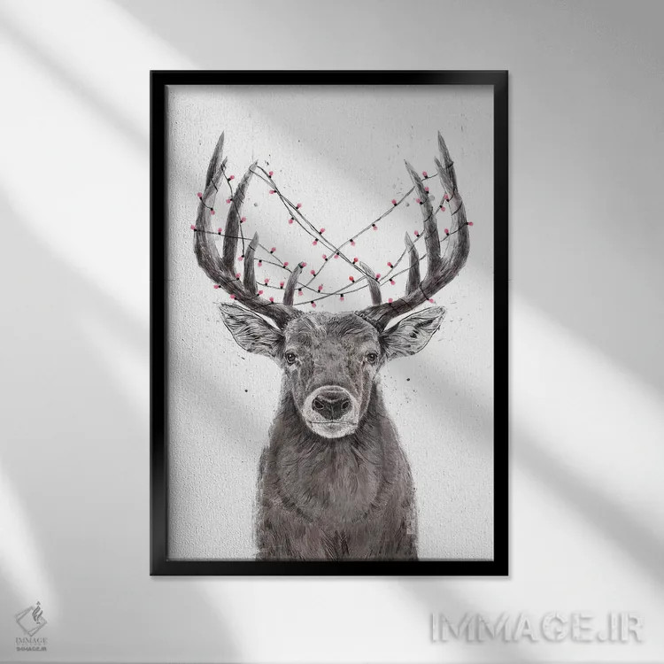 تابلو گوزن کریسمس اثر بالازس شولتی - نمای قابدار مشکی