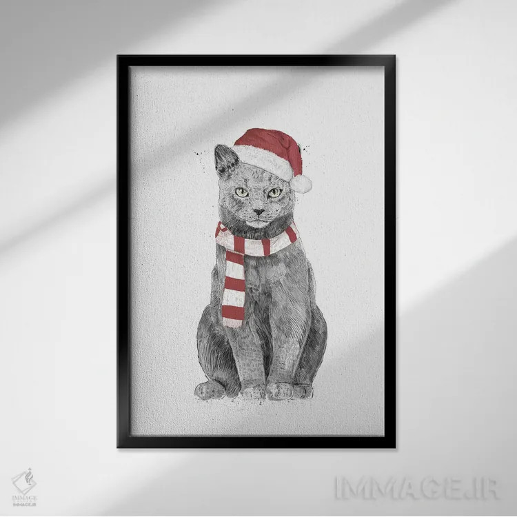 تابلو گربه کریسمس اثر بالازس شولتی - نمای قابدار مشکی
