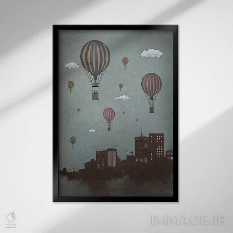 تابلو بادکنکها و شهر اثر بالازس شولتی - نمای قابدار مشکی