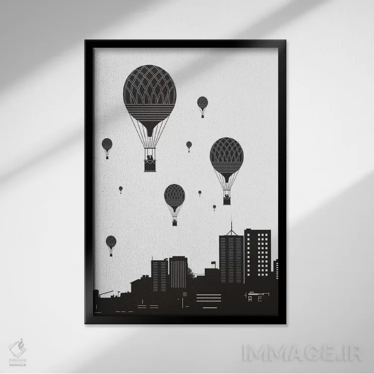 تابلو بادکنکها و شهر اثر بالازس شولتی - نمای قابدار مشکی