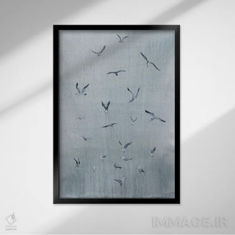 تابلو مرغان دریایی روی خاکستری اثر بوگدان شیپتنکو - نمای قابدار مشکی