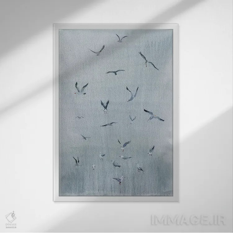 تابلو مرغان دریایی روی خاکستری اثر بوگدان شیپتنکو - نمای قابدار سفید