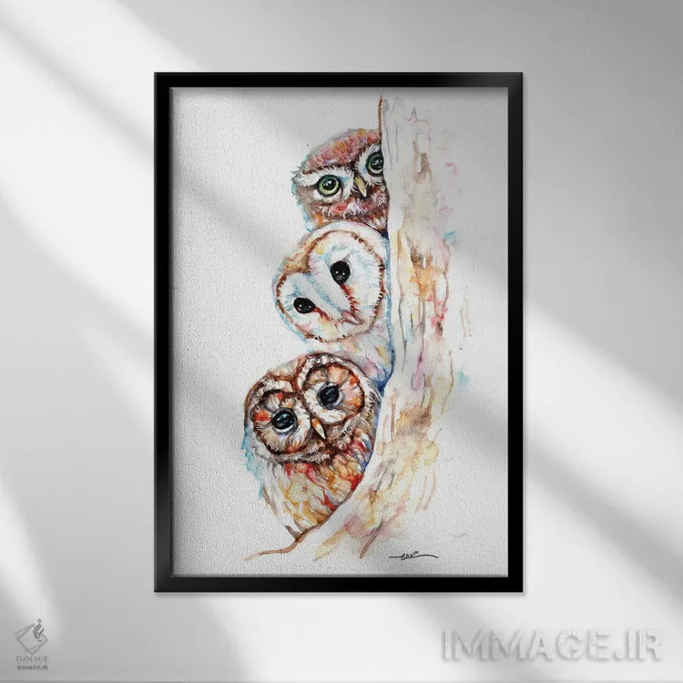 تابلو جغدهای در حال سرک کشیدن اثر بیبزآرتس - نمای قابدار مشکی