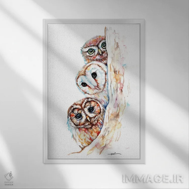 تابلو جغدهای در حال سرک کشیدن اثر بیبزآرتس - نمای قابدار سفید