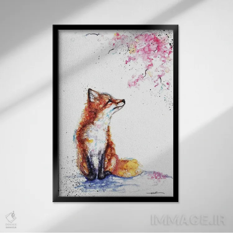 تابلو روباه و شکوفه اثر بیبزآرتس - نمای قابدار مشکی