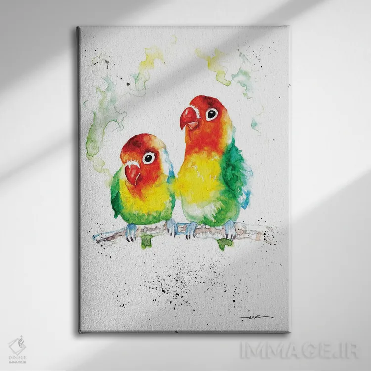 تابلو مرغان عاشق (یا: جفت طوطی عاشق) اثر بیبزآرتس - نمای روبهرو روی دیوار