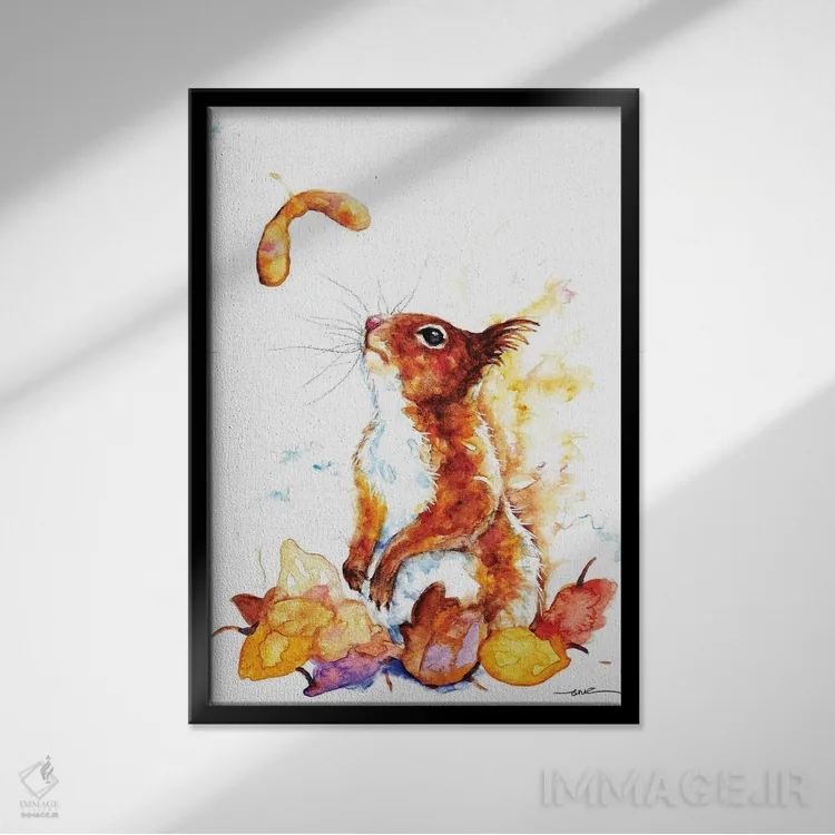 تابلو سنجاب پائیزی اثر بیبزآرتس - نمای قابدار مشکی