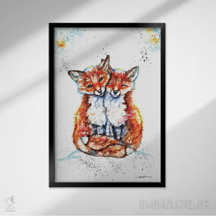 تابلو روباههای عاشق اثر بیبزآرتس - نمای قابدار مشکی