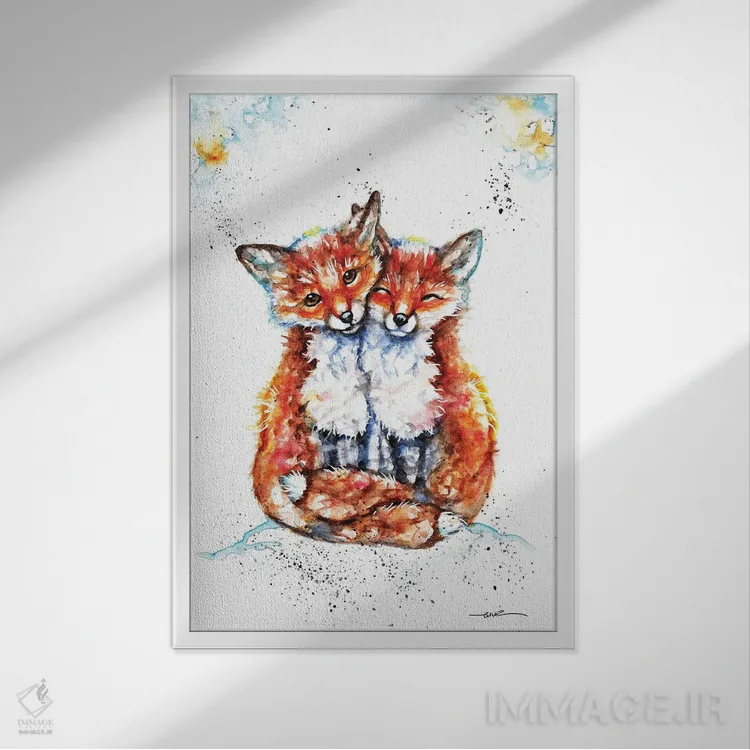 تابلو روباههای عاشق اثر بیبزآرتس - نمای قابدار سفید