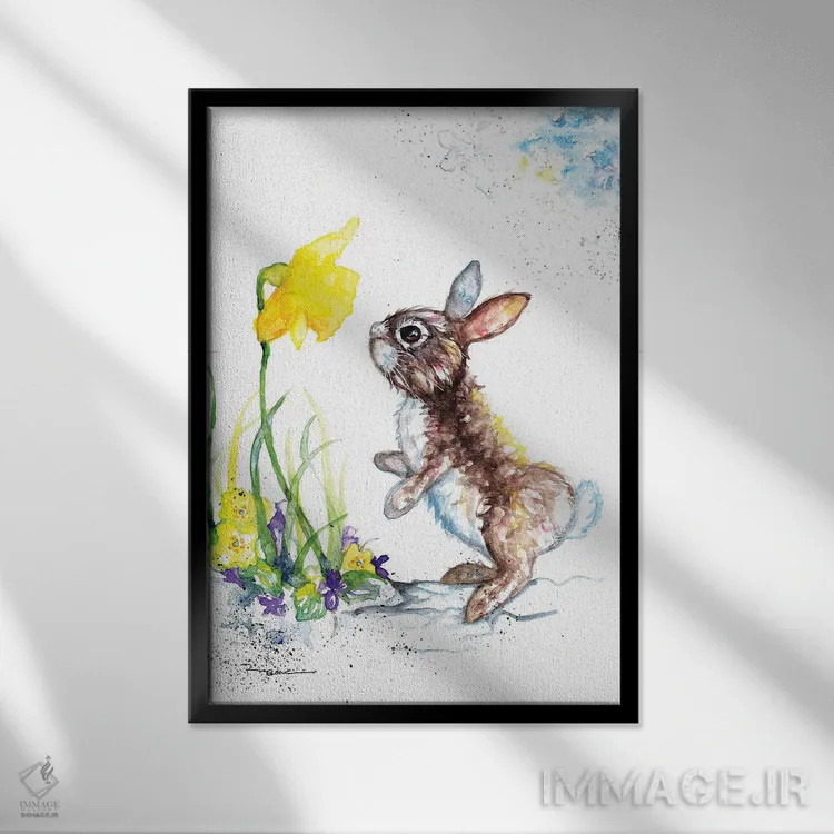 تابلو خرگوش و نرگس اثر بیبزآرتس - نمای قابدار مشکی
