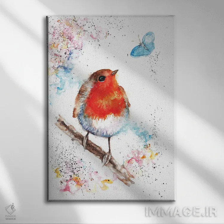 تابلو سینهسرخ و پروانه آبی کوچک اثر بیبزآرتس - نمای روبهرو روی دیوار