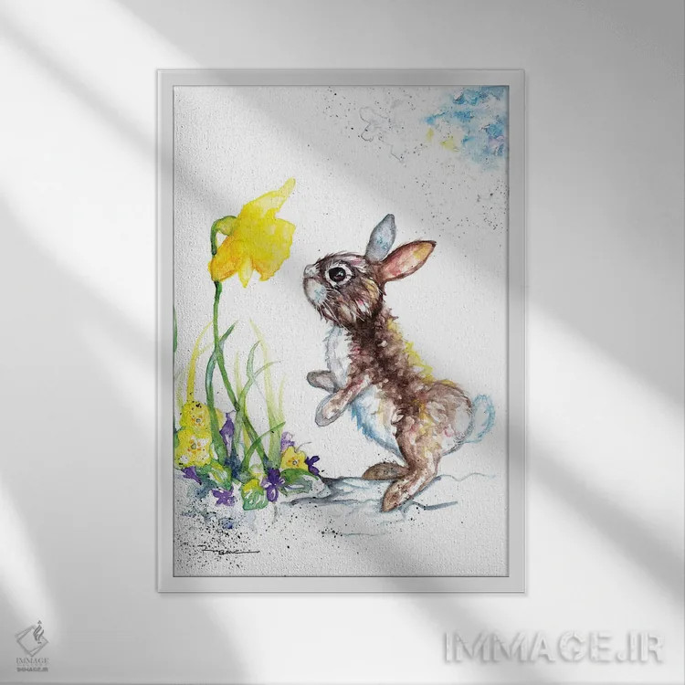 تابلو خرگوش و نرگس اثر بیبزآرتس - نمای قابدار سفید