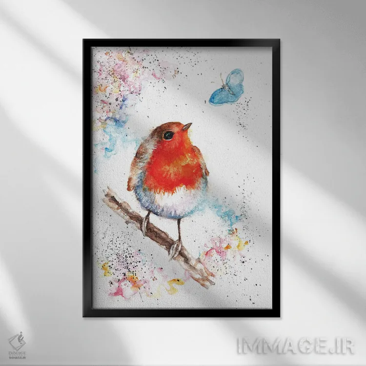 تابلو سینهسرخ و پروانه آبی کوچک اثر بیبزآرتس - نمای قابدار مشکی