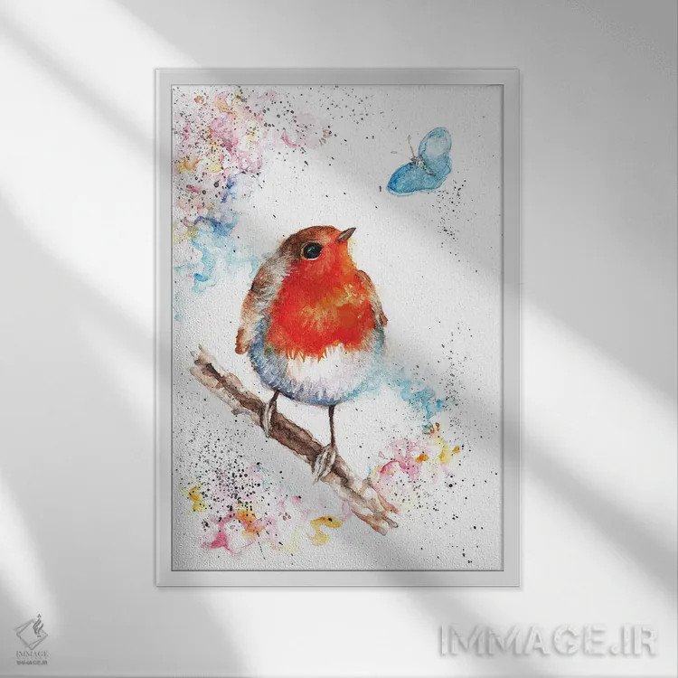 تابلو سینهسرخ و پروانه آبی کوچک اثر بیبزآرتس - نمای قابدار سفید