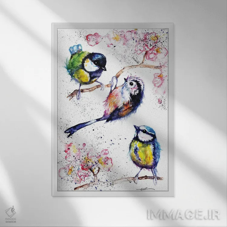 تابلو سه پرنده کوچک اثر بیبزآرتس - نمای قابدار سفید