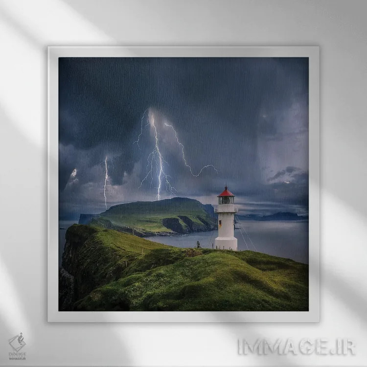 تابلو آشوب صخره فانوس دریایی اثر برنت شاونور - نمای قابدار سفید