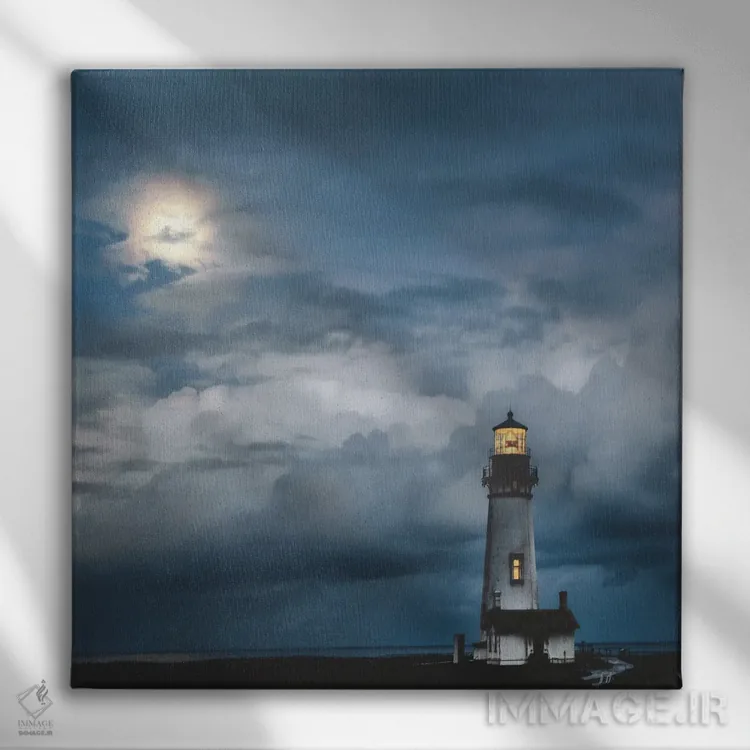 تابلو فانوس دریایی زیر نور ماه اثر دی. برت - نمای روبهرو روی دیوار