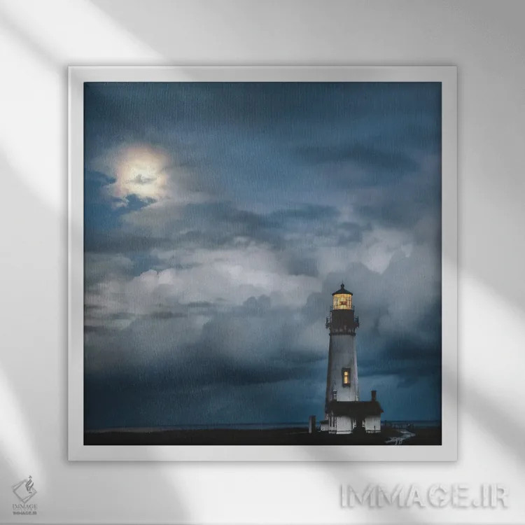 تابلو فانوس دریایی زیر نور ماه اثر دی. برت - نمای قابدار سفید