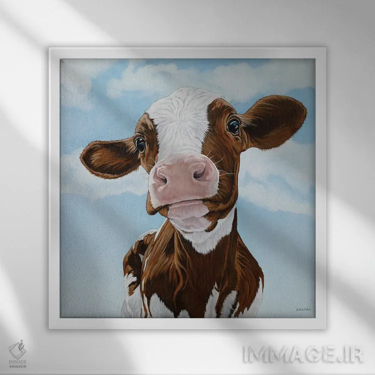 تابلو گوسالهٔ تازه متولد شده اثر کلارا باستین - نمای قابدار سفید