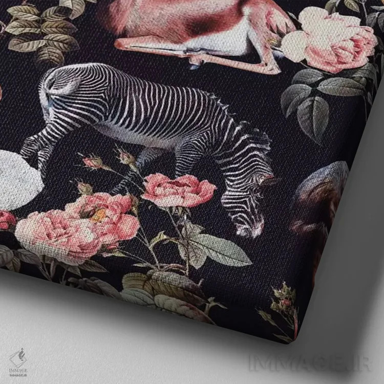 تابلو طرح حیوانات و گلها اثر برجو کورکمازیورک - نمای نزدیک بافت بوم