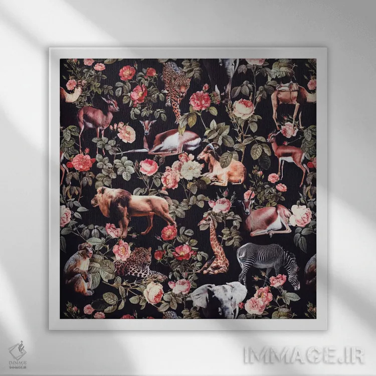تابلو طرح حیوانات و گلها اثر برجو کورکمازیورک - نمای قابدار سفید
