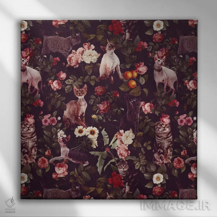 تابلو طرح گل و گربهها اثر برجو کورکمازیورک - نمای روبهرو روی دیوار