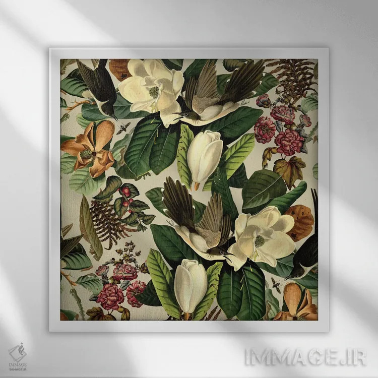 تابلو گلها و پرندگان XXI-II اثر برجو کورکمازیورک - نمای قابدار سفید