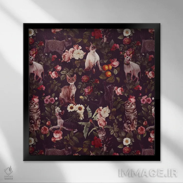 تابلو طرح گل و گربهها اثر برجو کورکمازیورک - نمای قابدار مشکی